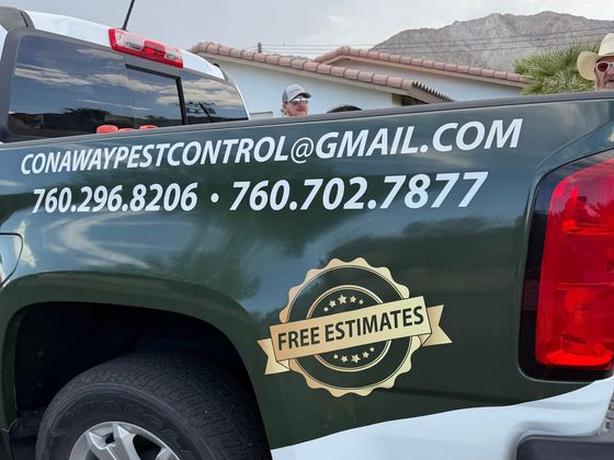 Close-up of the Conaway Pest Control truck wrap: free estimates and (760) 702-7877